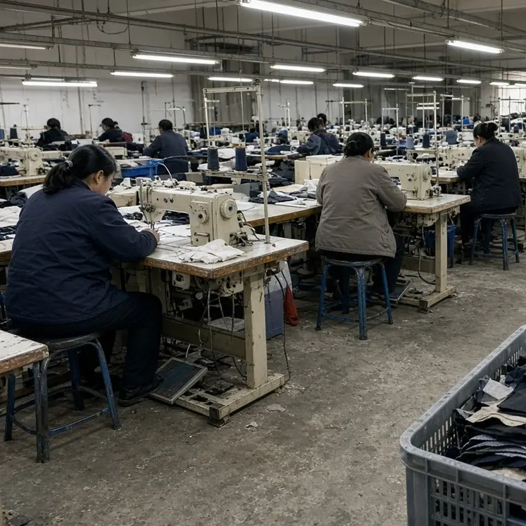 AI-generated illustration of a garment sewing floor (stand-in, not a real SourceChinaDirect factory)