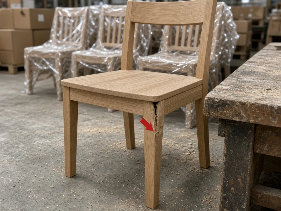 AI-generated illustration of an oak dining chair in a factory inspection area with a crack at the front leg-to-seat joint (stand-in, not a real defect photo)