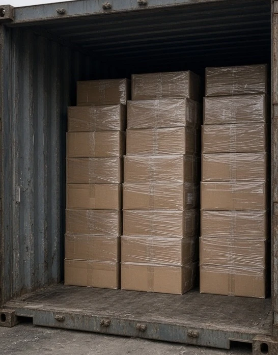 AI-generated illustration of cartons loaded in a shipping container (stand-in, not a real order)